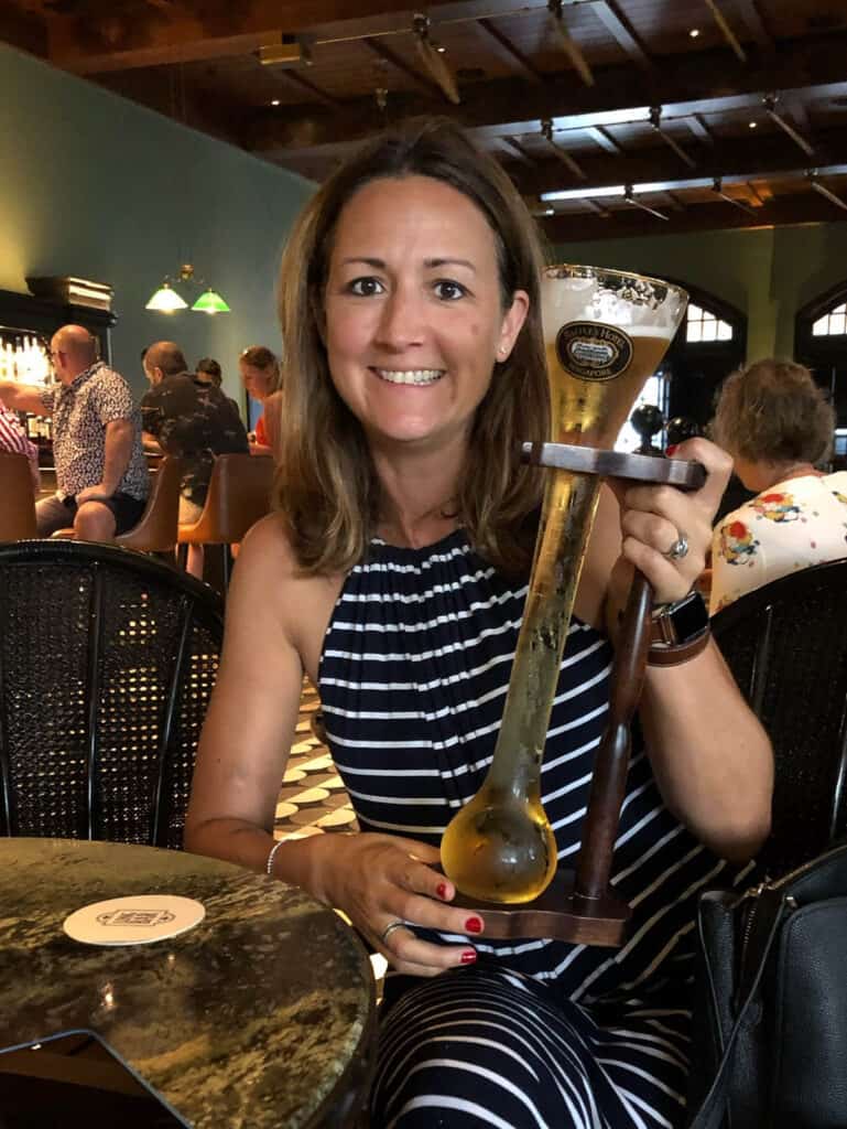 Editor Marianne Rogerson in Raffles Hotel Long Bar. 