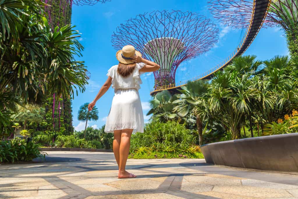 Woman in white dress at Gardens by the Bay Singapore.