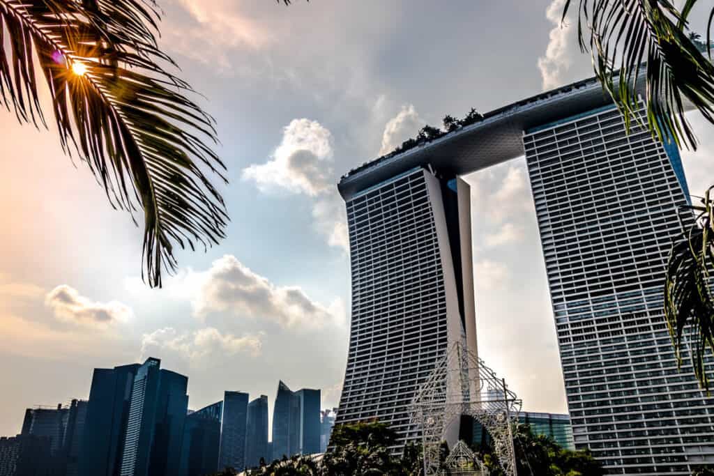 Marina Bay sands with sunshine and clouds. 