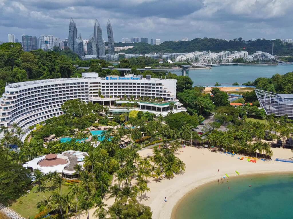 Aerial view of Shangri-La hotel at Siloso Beach in Sentosa Island, Singapore.