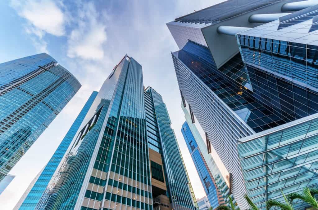 View looking up at skyscrapers in Singapore.