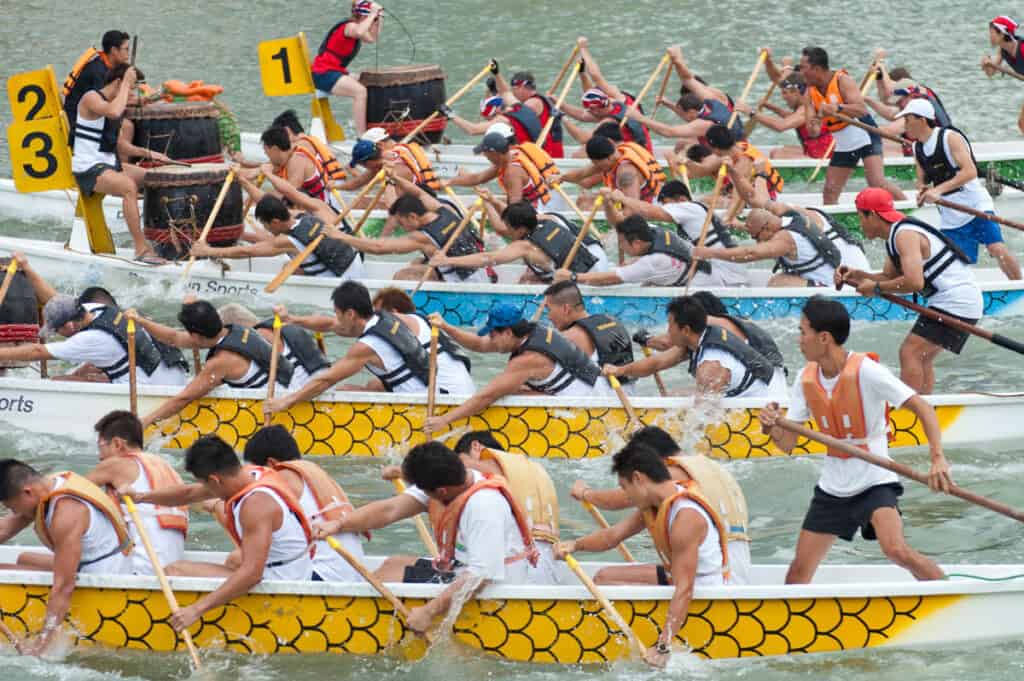 Teams compete in a dragon boat race in Singapore.