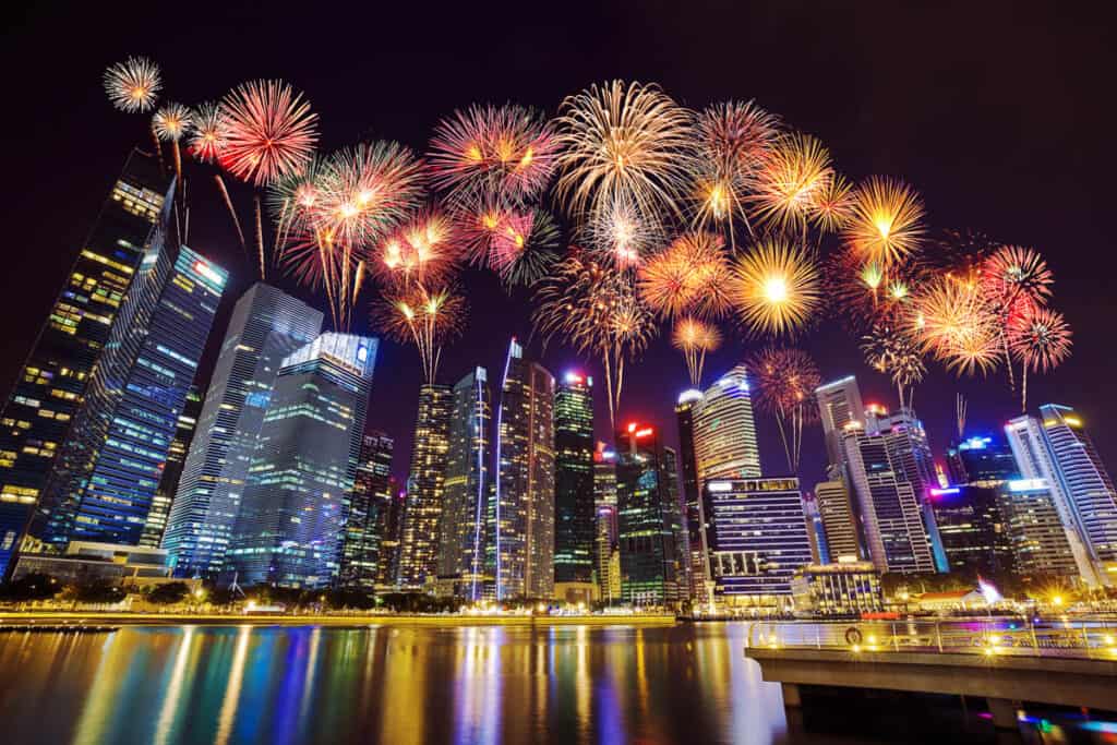 Fireworks over Singapore skyline. 