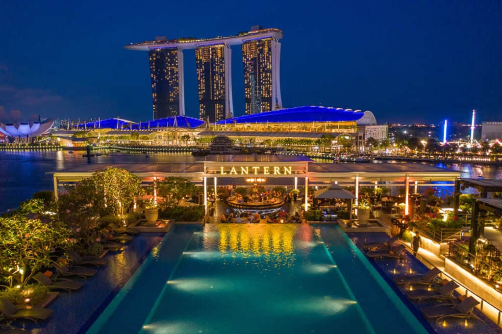 Aerial view of Lantern Bar with view of Marina Bay Sands in background 
