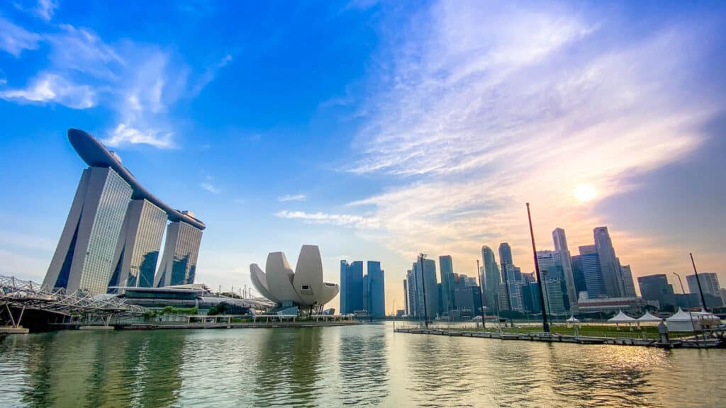 View of the Skyline at Marina Bay Singapore. 