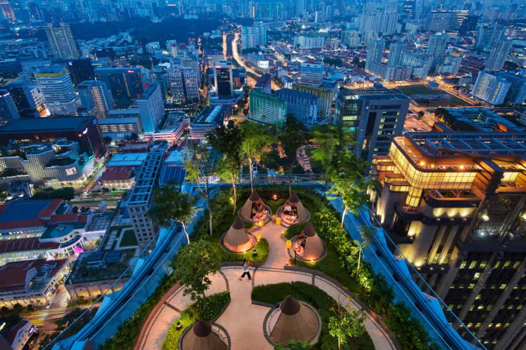 Aerial view of Mr Stork showing teepees and city view. 