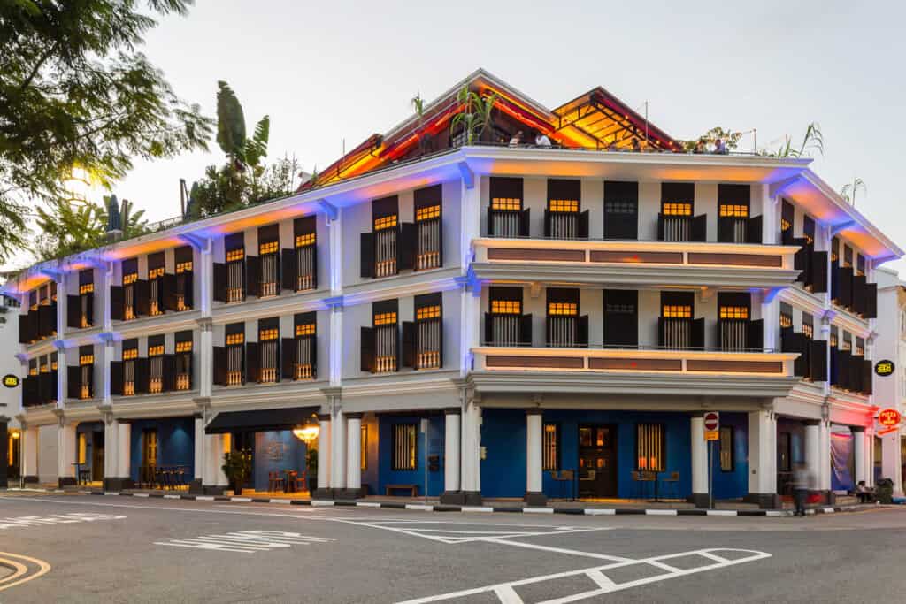 Ann SIang Hotel with The Other Roof bar seen from street level.