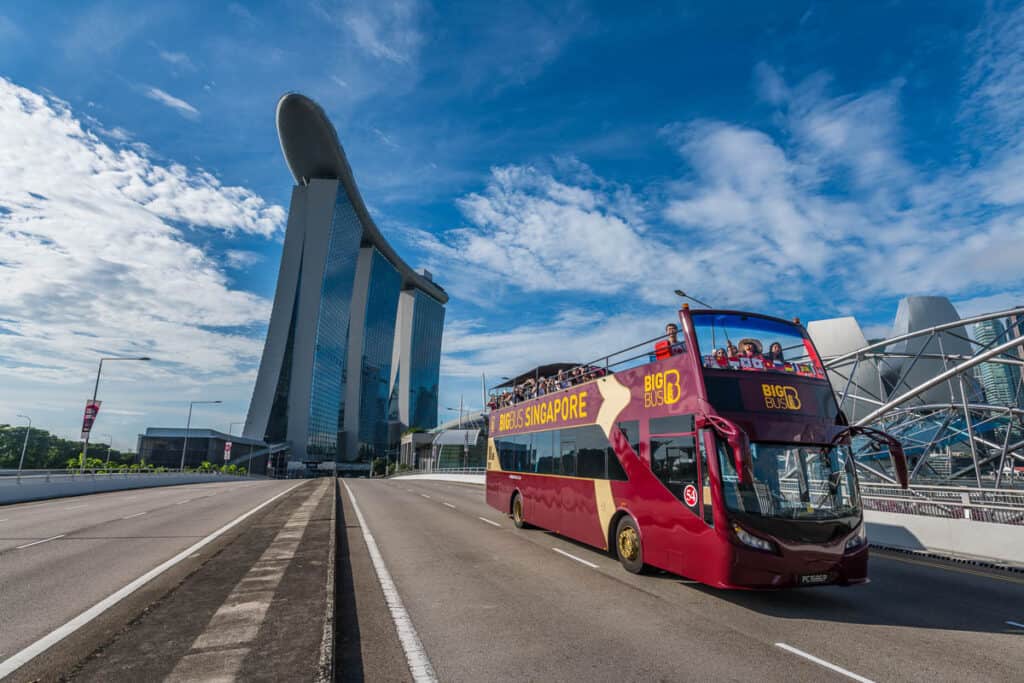 Singapore big bus tour in front of Marina Bay Sands.