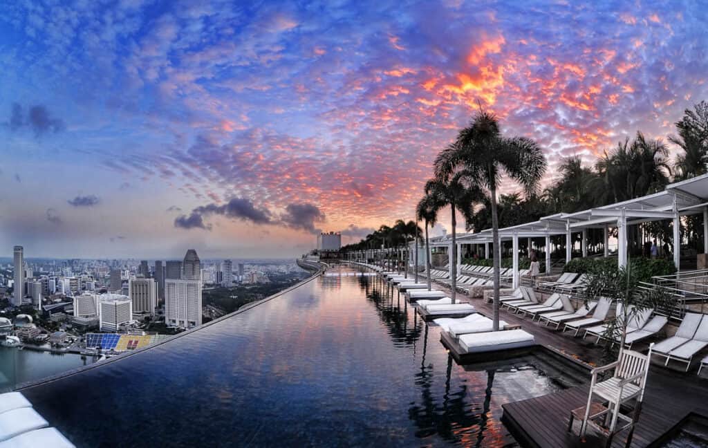 Marina Bay Sands swimming pool at sunset. 