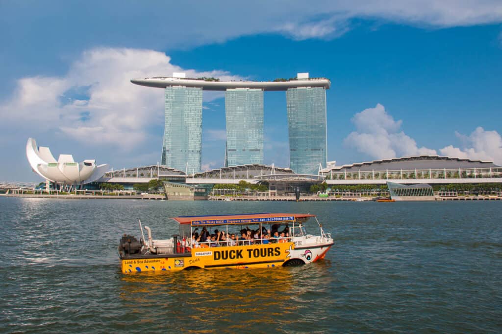 Singapore duck tour in front of Marina Bay Sands.