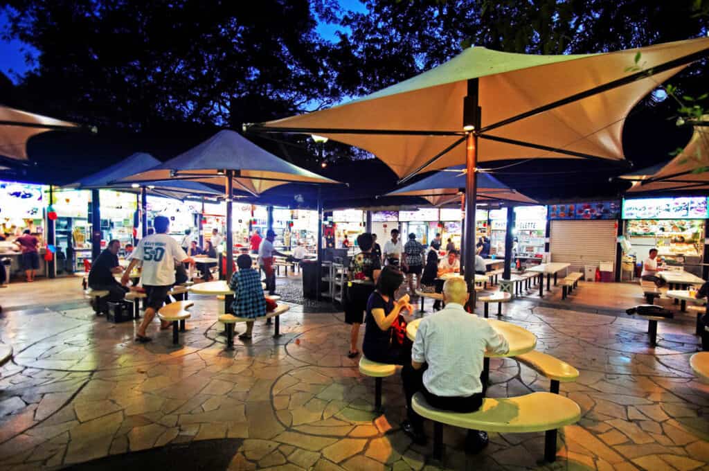 Alfresco dining in the evening at Newton Food Centre. 