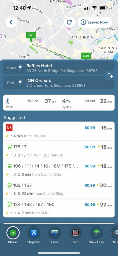 Screenshot of Citymapper app showing directions from Raffles Hotel to ION Orchard. 