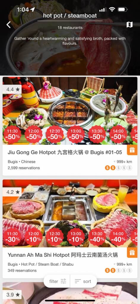 Screenshot of Eatigo app showing restaurant options for hotpot restaurants. 