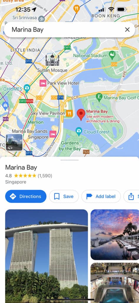 Screenshot of Google Maps showing Marina Bay Singapore. 