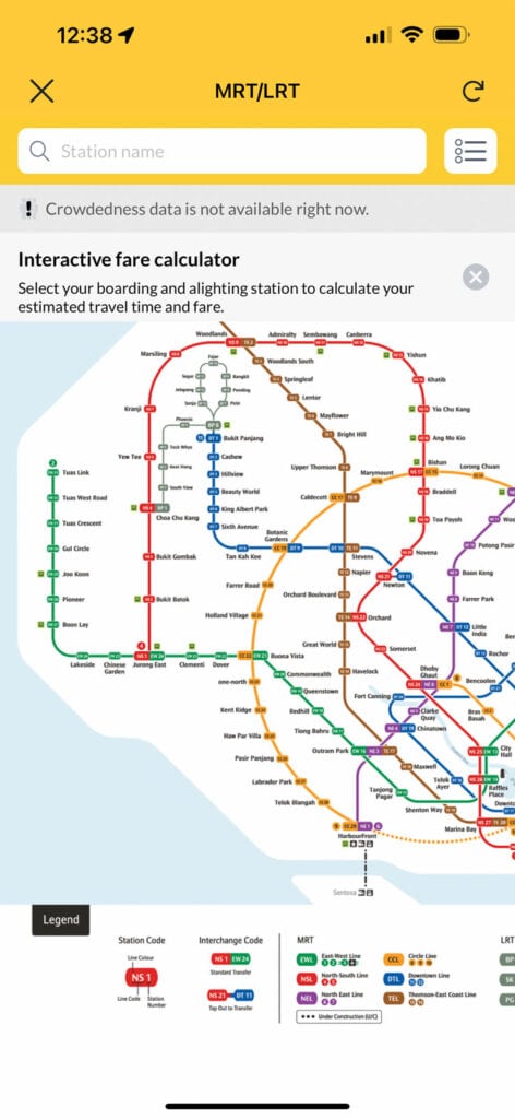 Screenshot of MyTransport.SG app showing MRT map. 