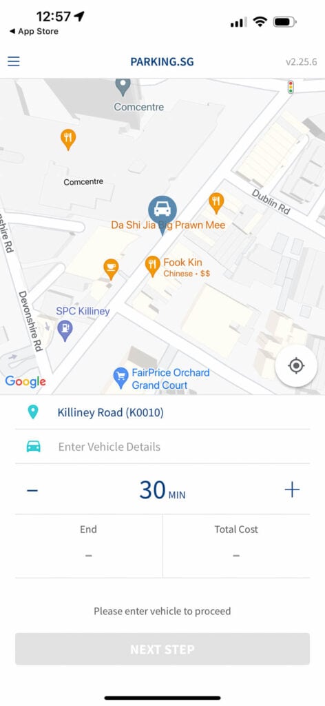Screenshot of the Parking.sg app showing booking a parking ticket.