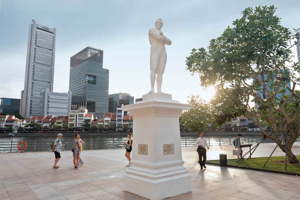 Raffles Landing site in Singapore with statue of Sir Stamford Raffles. 