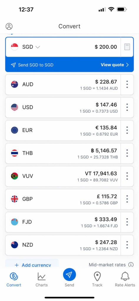 Screenshot of Xe currency convertor app.