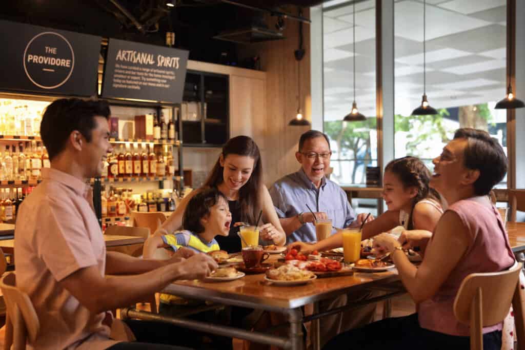 Family having brunch in the Providore. 