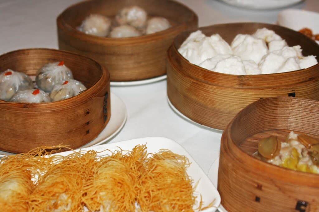 Dim sum baskets with dumplings.