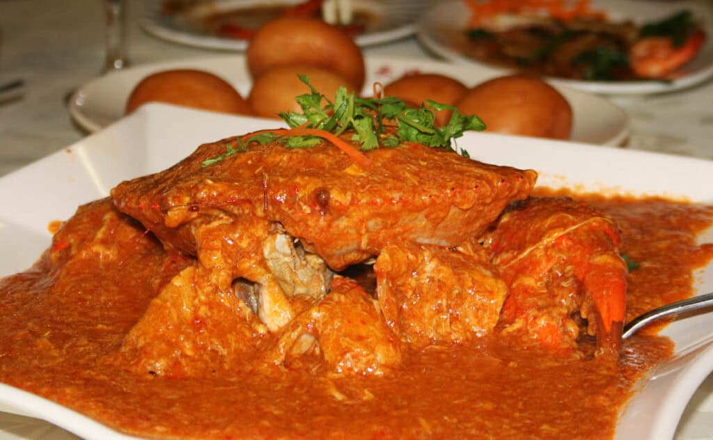 Singapore Chilli crab on a plate.