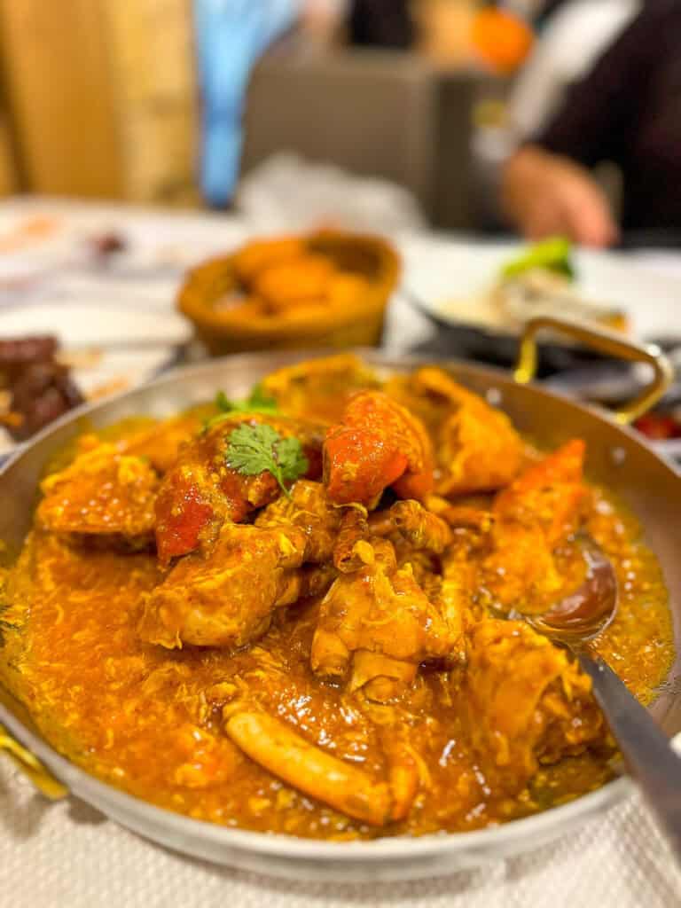 Singapore Chilli crab on a restaurant table.