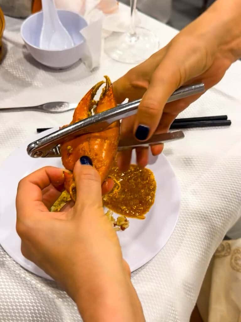 Close up of hands cracking open chill crab claw with nutcracker.