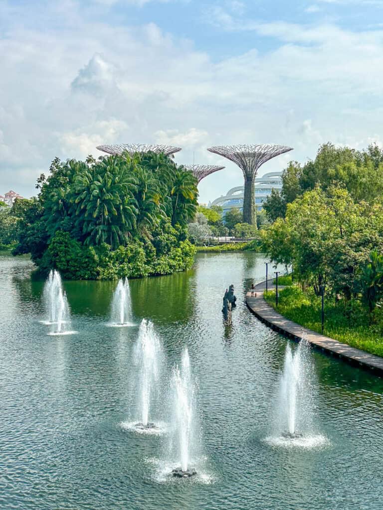 Lake and walkway at Gardens by the Bay Singapore.