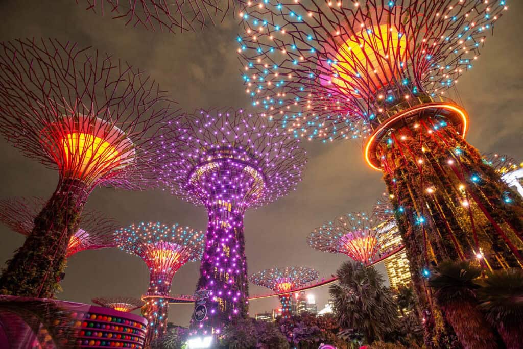 Gardens by the Bay Singapore supertrees lit up at night. 