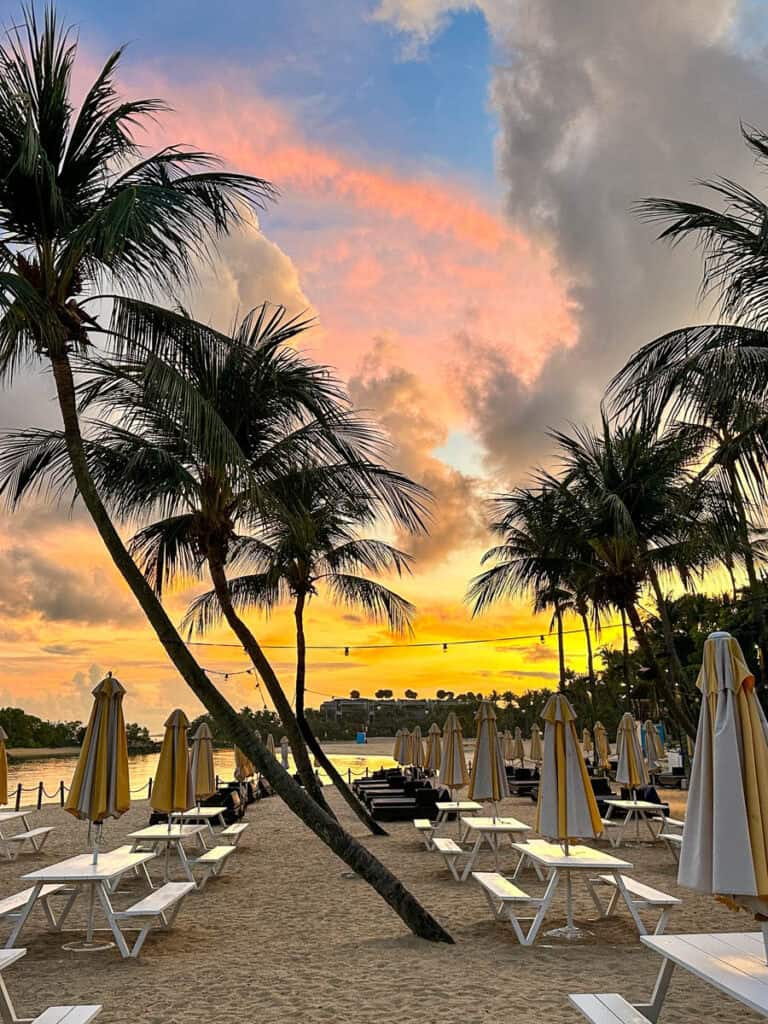 Sentosa beach at sunset.