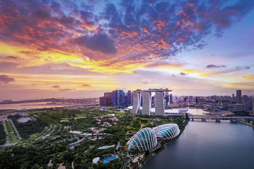 Singapore skyline at sunset.