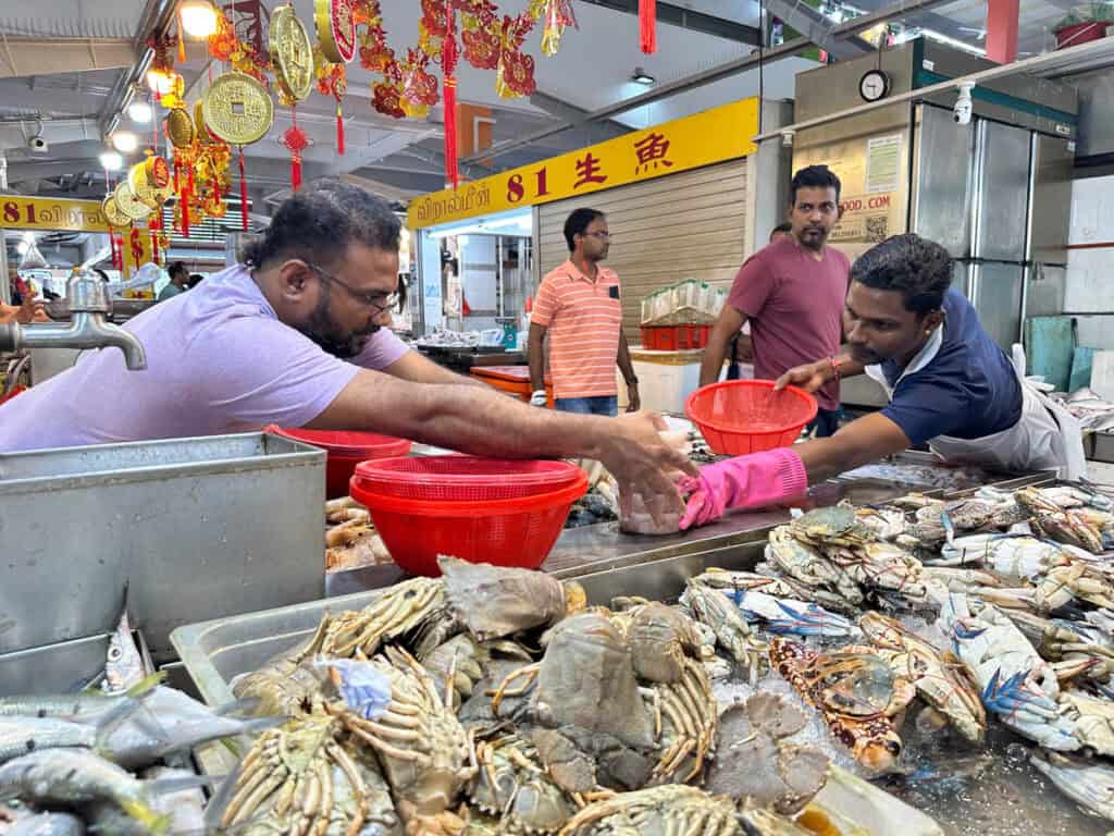 Seafood stall at Tekka Centre wet market.