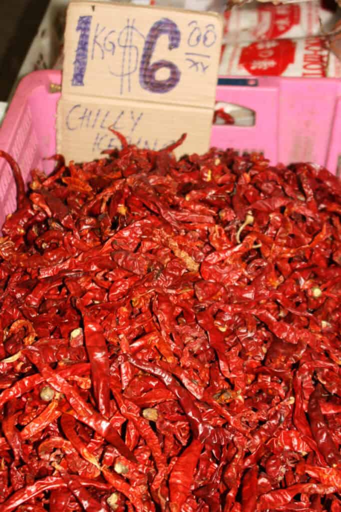 Dry chillies for sale at a wet market.