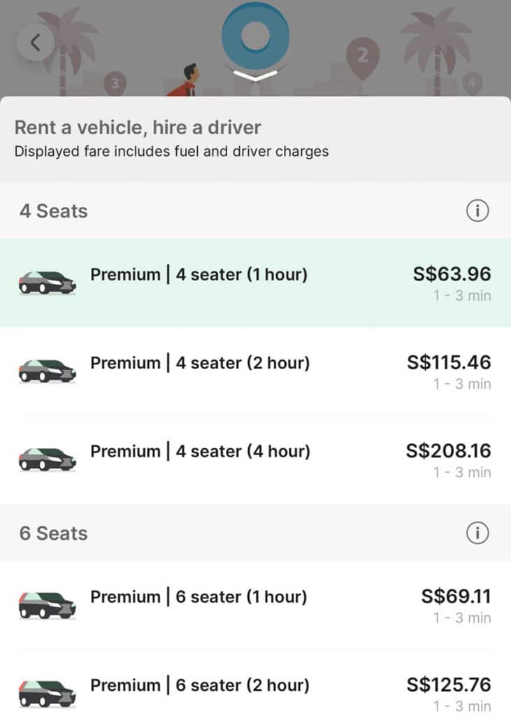 Screenshot from Grab booking app with Grab by the hour. 