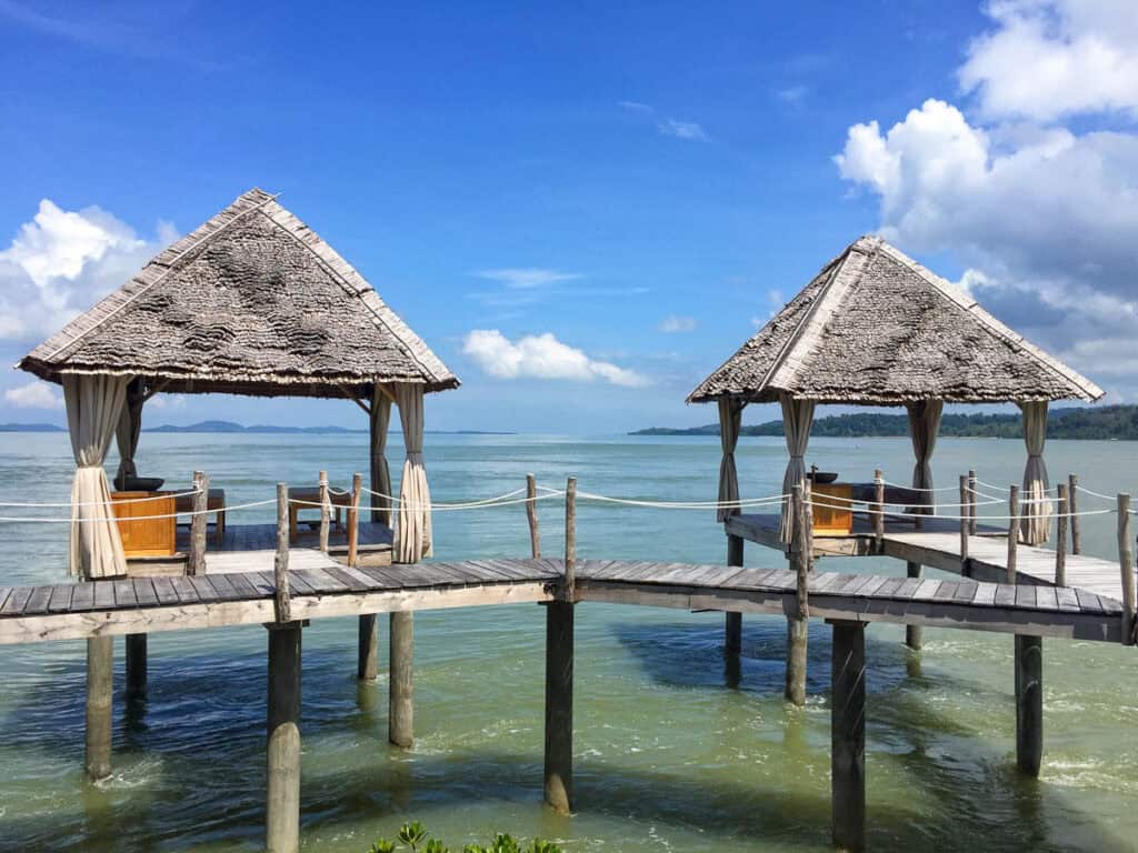 Overwater spa pods at Telunas Private Island. 